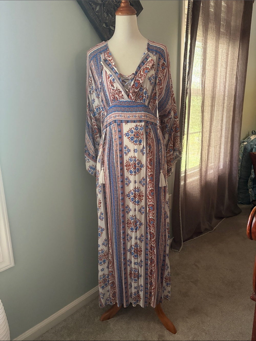 Bohemian Blue and Cream Floral Maxi Dress